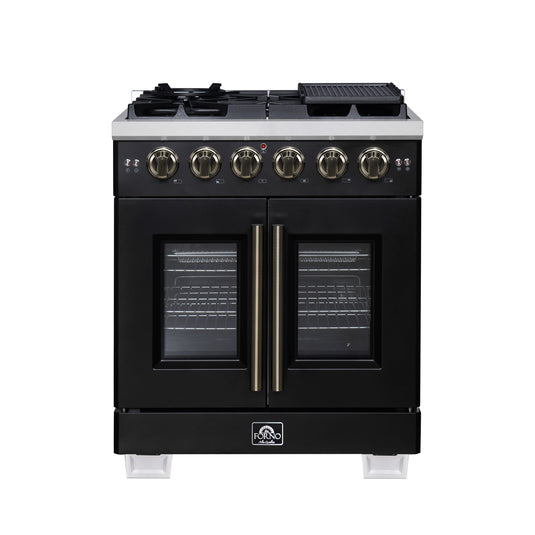 Forno Capriasca 30-Inch, Black Freestanding French Door Gas Range with 4 Burners - FFSGS6460-30BLK