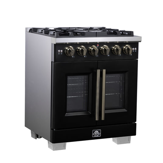 Forno Capriasca 30-Inch, Black Freestanding French Door Gas Range with 4 Burners - FFSGS6460-30BLK