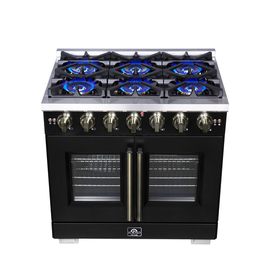 Forno Capriasca 36-Inch, Black Freestanding French Door Gas Range with 6 Burners - FFSGS6460-36BLK