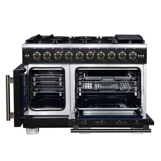 Forno Capriasca 48-Inch, Black Freestanding French Door Gas Range, 8 Burners, Convection Oven, Energy Efficient