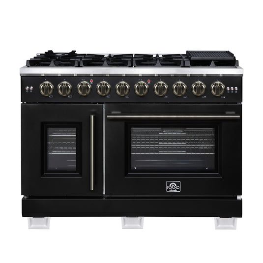 Forno Capriasca 48-Inch, Black Freestanding French Door Gas Range, 8 Burners, Convection Oven, Energy Efficient