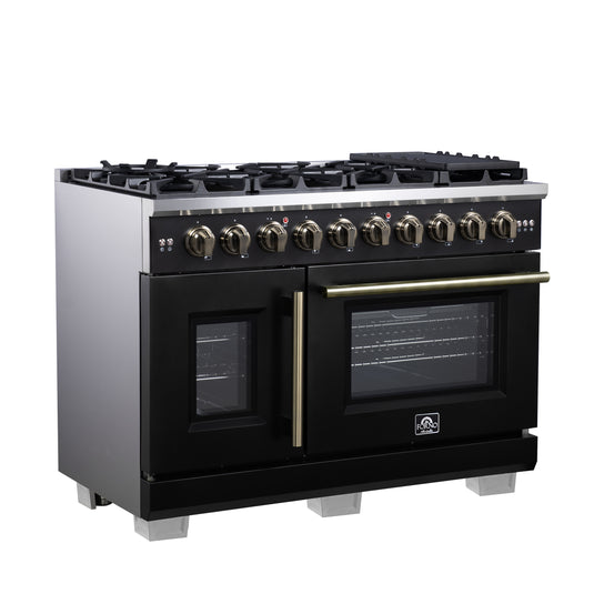 Forno Capriasca 48-Inch, Black Freestanding French Door Gas Range, 8 Burners, Convection Oven, Energy Efficient