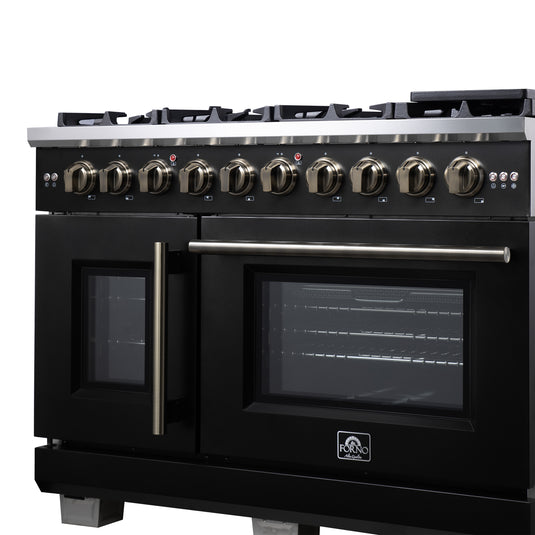 Forno Capriasca 48-Inch, Black Freestanding French Door Gas Range, 8 Burners, Convection Oven, Energy Efficient