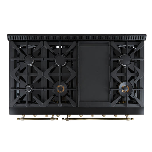 Forno Antico 48-Inch Freestanding Gas Range, Black, Antique Brass Design, 8 Burners, Griddle, Double Ovens, Energy Efficient