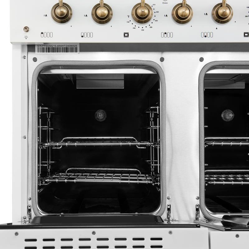 Load image into Gallery viewer, Forno Antico 48-Inch Freestanding Gas Range, White, Antique Brass Design, 8 Burners, Griddle, Double Ovens, Energy Efficient
