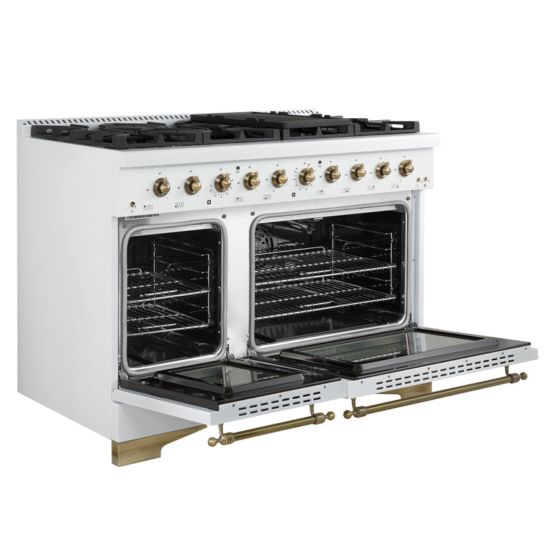 Load image into Gallery viewer, Forno Antico 48-Inch Freestanding Gas Range, White, Antique Brass Design, 8 Burners, Griddle, Double Ovens, Energy Efficient
