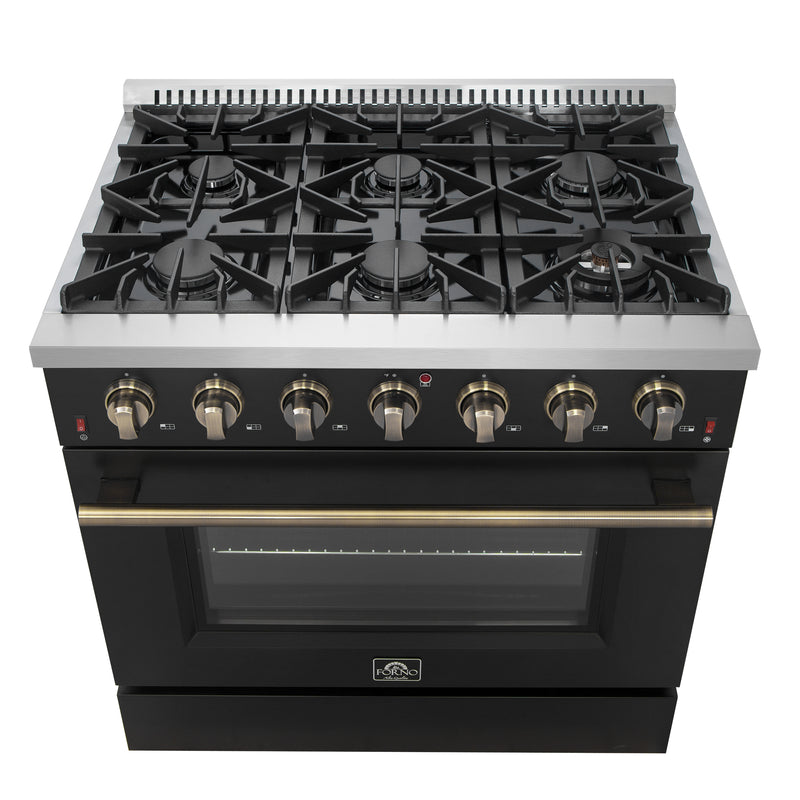 Load image into Gallery viewer, Forno Galiano 36-inch Freestanding Gas Range in Black with Antique Brass Design, 6 Burners, 83,000 BTU, 5.36 cu.ft. Convection Oven
