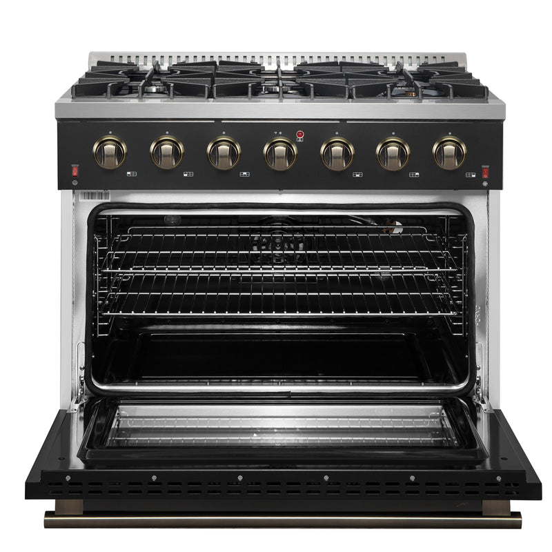 Load image into Gallery viewer, Forno Galiano 36-inch Freestanding Gas Range in Black with Antique Brass Design, 6 Burners, 83,000 BTU, 5.36 cu.ft. Convection Oven
