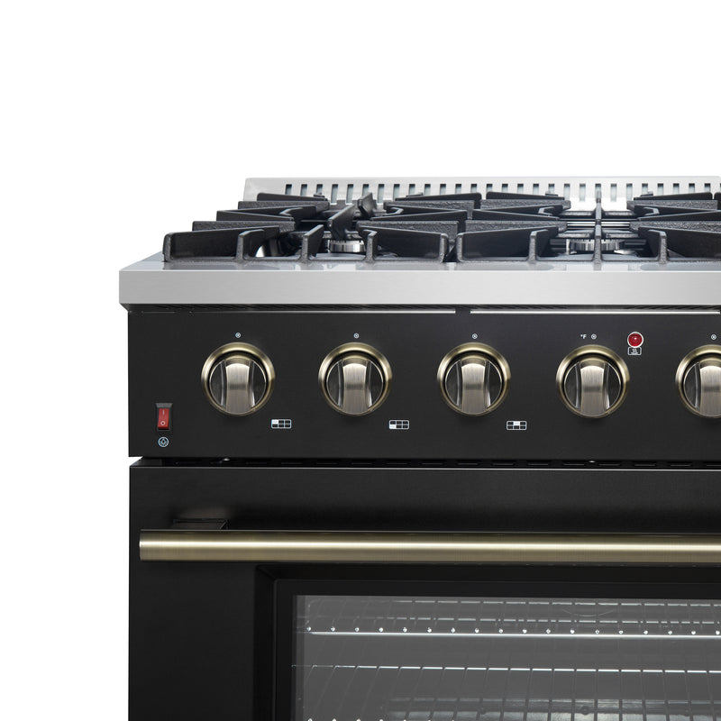 Load image into Gallery viewer, Forno Galiano 36-inch Freestanding Gas Range in Black with Antique Brass Design, 6 Burners, 83,000 BTU, 5.36 cu.ft. Convection Oven
