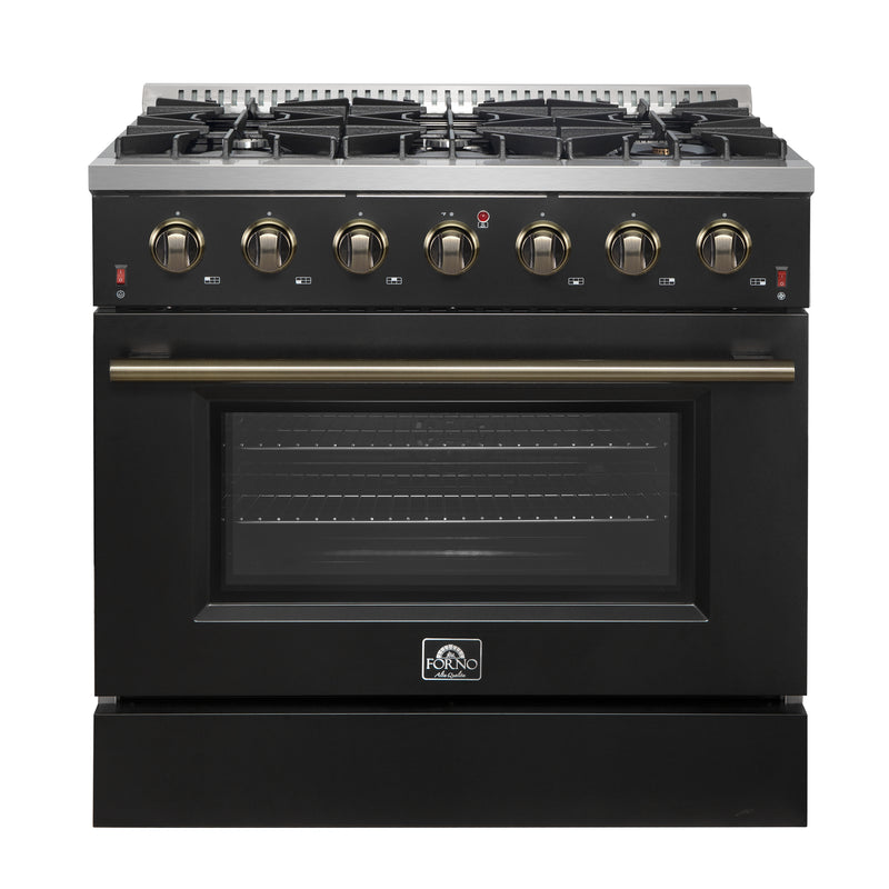 Load image into Gallery viewer, Forno Galiano 36-inch Freestanding Gas Range in Black with Antique Brass Design, 6 Burners, 83,000 BTU, 5.36 cu.ft. Convection Oven
