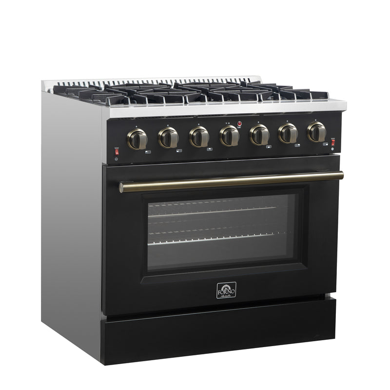 Load image into Gallery viewer, Forno Galiano 36-inch Freestanding Gas Range in Black with Antique Brass Design, 6 Burners, 83,000 BTU, 5.36 cu.ft. Convection Oven
