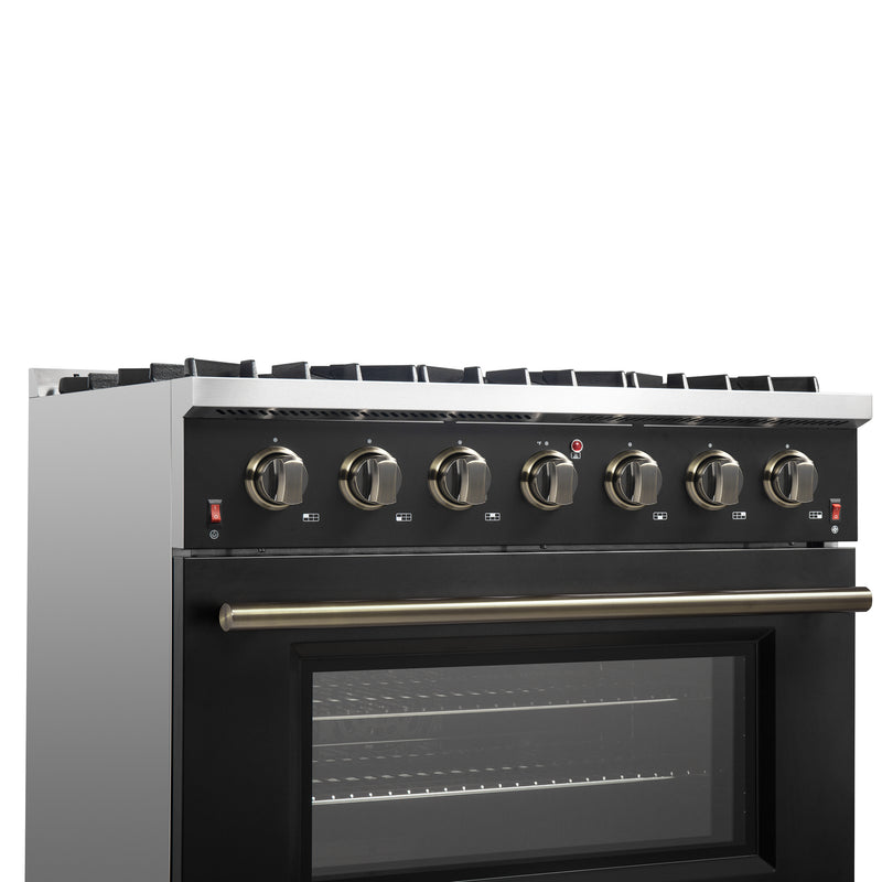 Load image into Gallery viewer, Forno Galiano 36-inch Freestanding Gas Range in Black with Antique Brass Design, 6 Burners, 83,000 BTU, 5.36 cu.ft. Convection Oven
