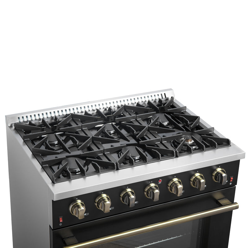 Load image into Gallery viewer, Forno Galiano 36-inch Freestanding Gas Range in Black with Antique Brass Design, 6 Burners, 83,000 BTU, 5.36 cu.ft. Convection Oven
