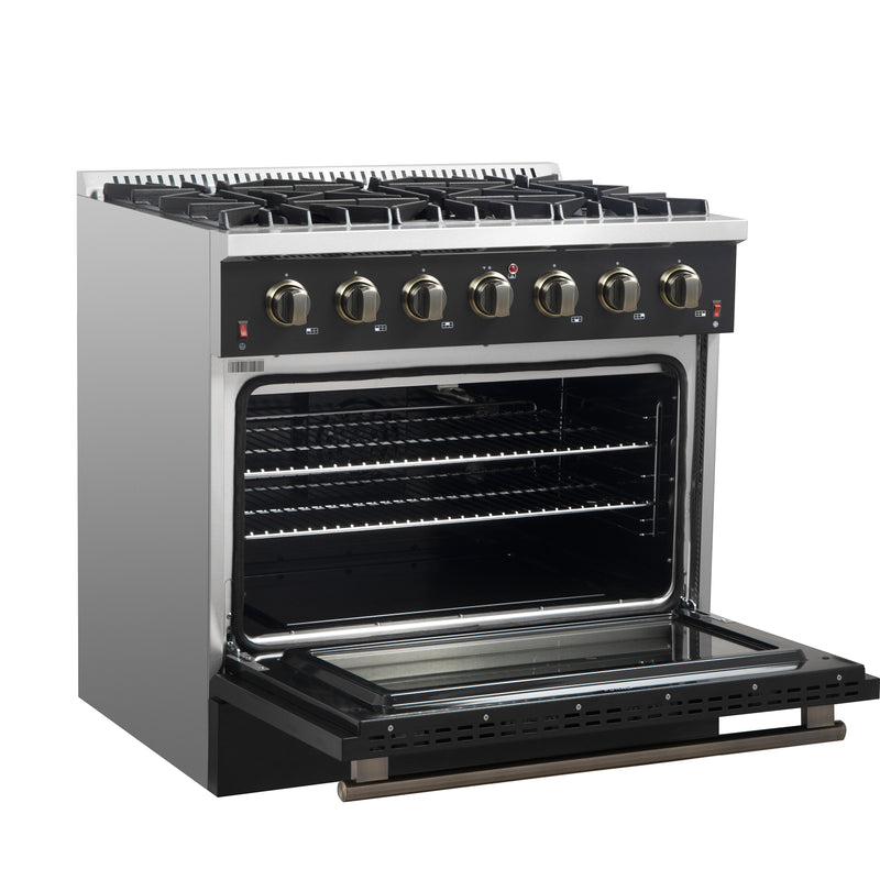 Load image into Gallery viewer, Forno Galiano 36-inch Freestanding Gas Range in Black with Antique Brass Design, 6 Burners, 83,000 BTU, 5.36 cu.ft. Convection Oven
