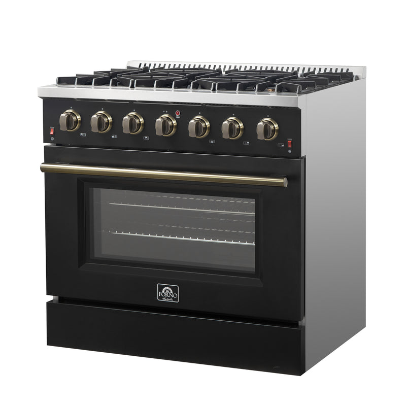 Load image into Gallery viewer, Forno Galiano 36-inch Freestanding Gas Range in Black with Antique Brass Design, 6 Burners, 83,000 BTU, 5.36 cu.ft. Convection Oven
