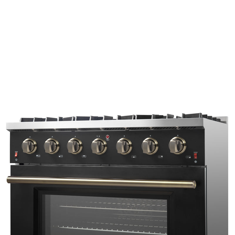 Load image into Gallery viewer, Forno Galiano 36-inch Freestanding Gas Range in Black with Antique Brass Design, 6 Burners, 83,000 BTU, 5.36 cu.ft. Convection Oven
