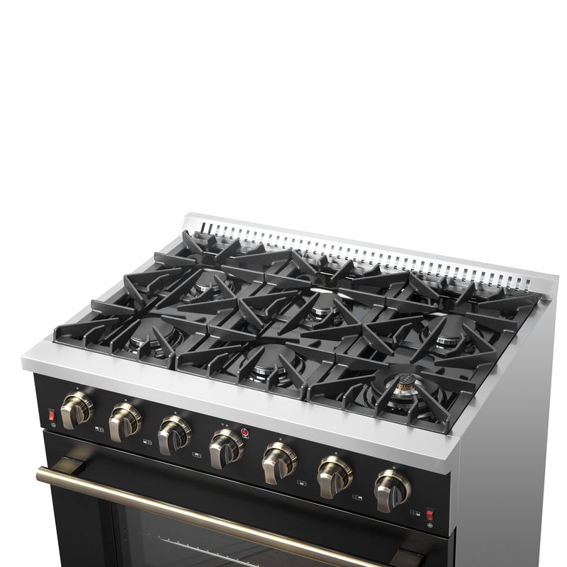 Load image into Gallery viewer, Forno Galiano 36-inch Freestanding Gas Range in Black with Antique Brass Design, 6 Burners, 83,000 BTU, 5.36 cu.ft. Convection Oven

