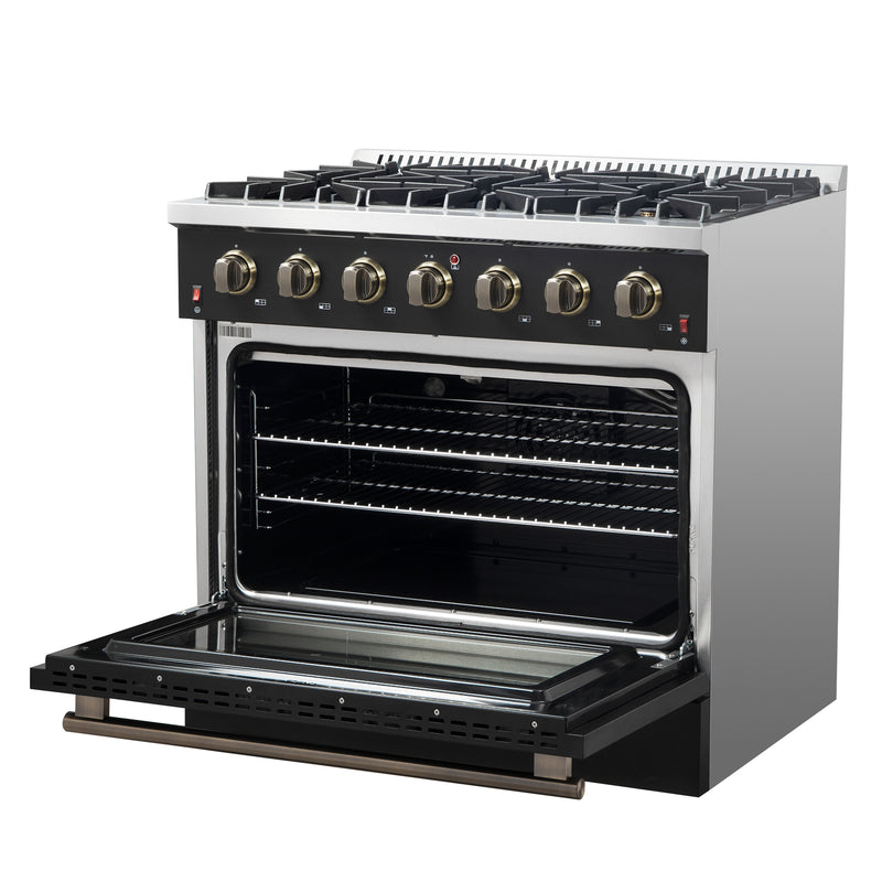 Load image into Gallery viewer, Forno Galiano 36-inch Freestanding Gas Range in Black with Antique Brass Design, 6 Burners, 83,000 BTU, 5.36 cu.ft. Convection Oven

