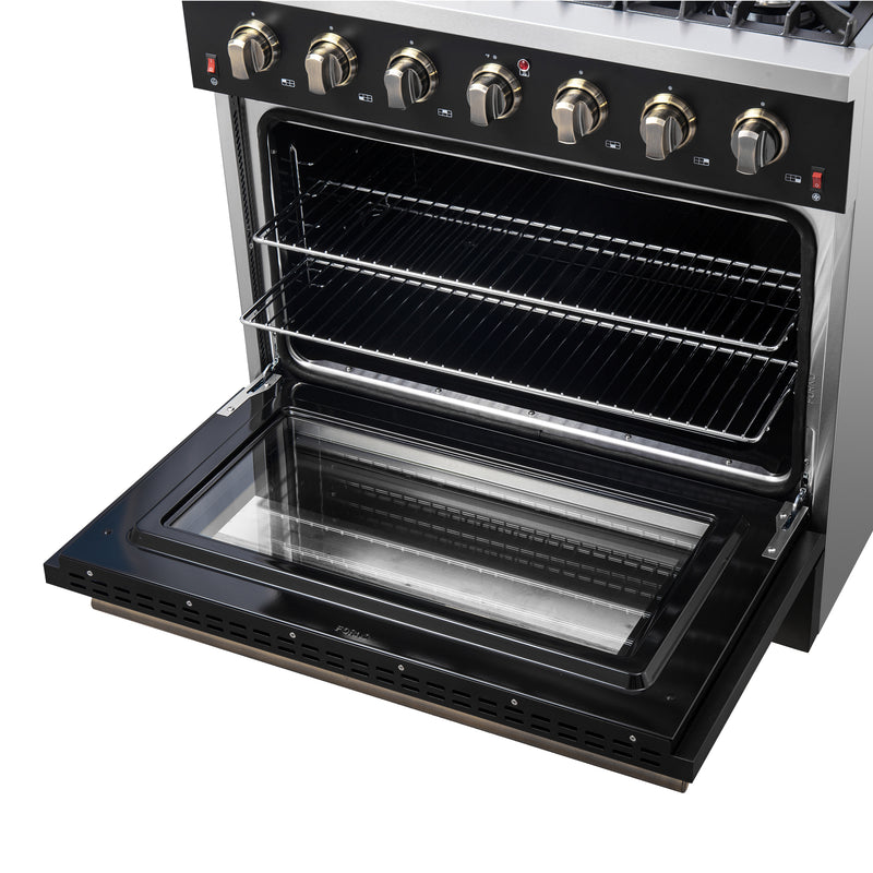 Load image into Gallery viewer, Forno Galiano 36-inch Freestanding Gas Range in Black with Antique Brass Design, 6 Burners, 83,000 BTU, 5.36 cu.ft. Convection Oven
