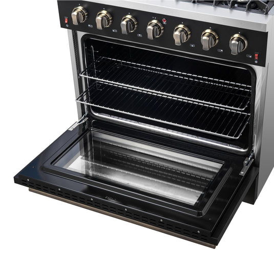 Forno Galiano 36-inch Freestanding Gas Range in Black with Antique Brass Design, 6 Burners, 83,000 BTU, 5.36 cu.ft. Convection Oven