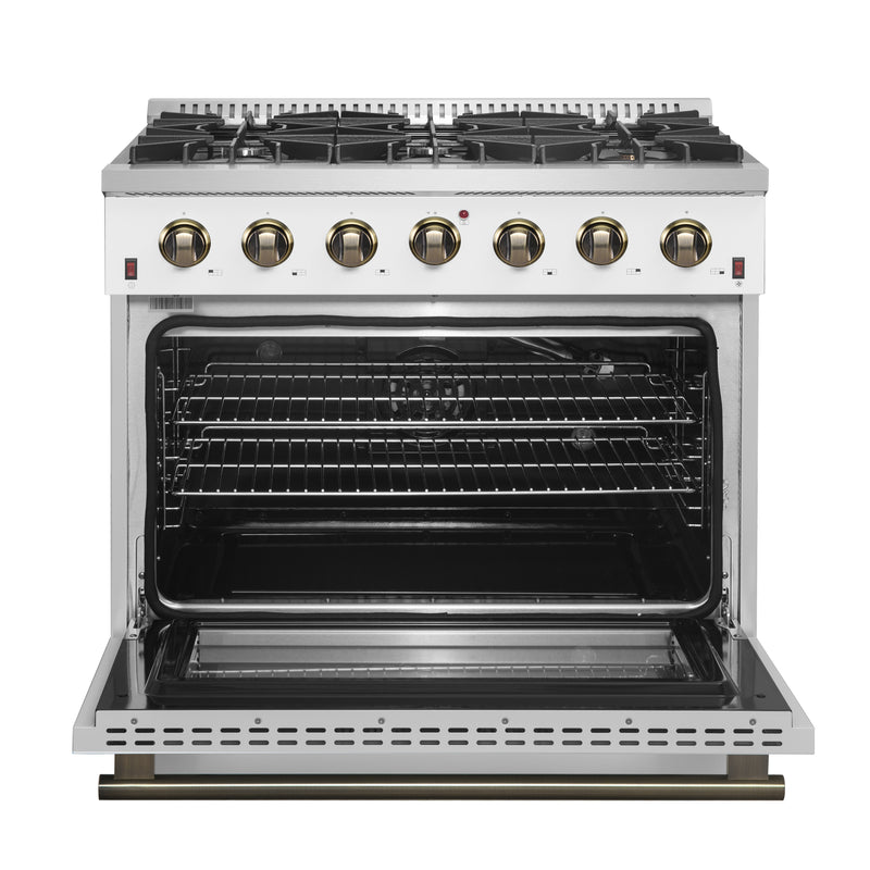 Load image into Gallery viewer, Forno Galiano 36-inch Freestanding Gas Range in White with Antique Brass Design, 6 Burners, 83,000 BTU, 5.36 cu.ft. Convection Oven
