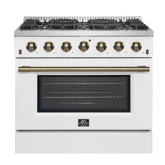 Forno Galiano 36-inch Freestanding Gas Range in White with Antique Brass Design, 6 Burners, 83,000 BTU, 5.36 cu.ft. Convection Oven