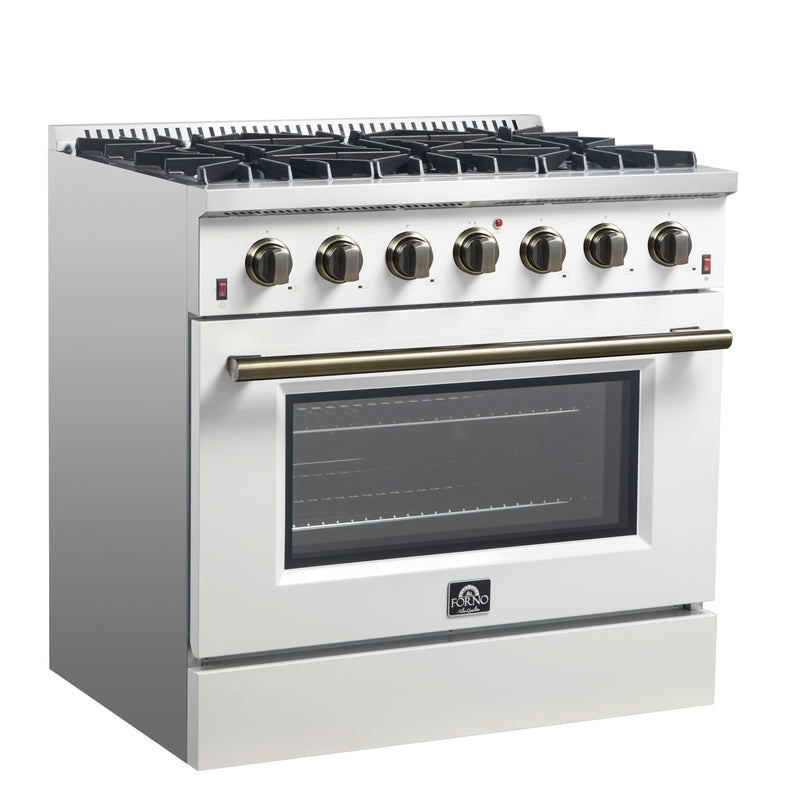 Load image into Gallery viewer, Forno Galiano 36-inch Freestanding Gas Range in White with Antique Brass Design, 6 Burners, 83,000 BTU, 5.36 cu.ft. Convection Oven
