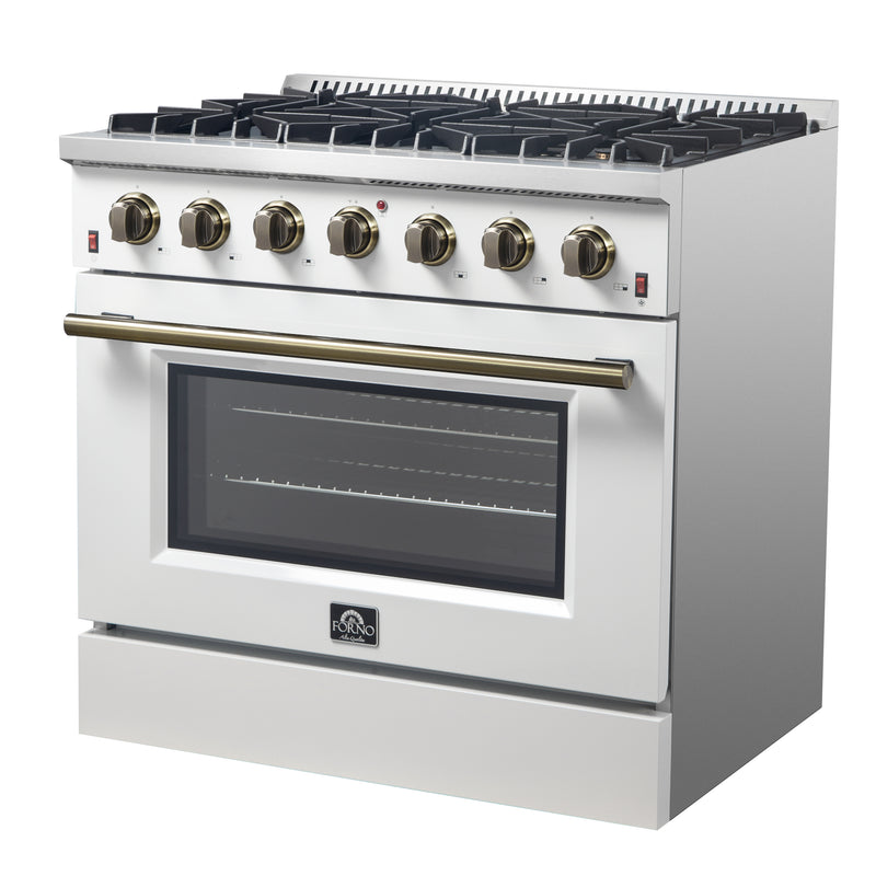 Load image into Gallery viewer, Forno Galiano 36-inch Freestanding Gas Range in White with Antique Brass Design, 6 Burners, 83,000 BTU, 5.36 cu.ft. Convection Oven
