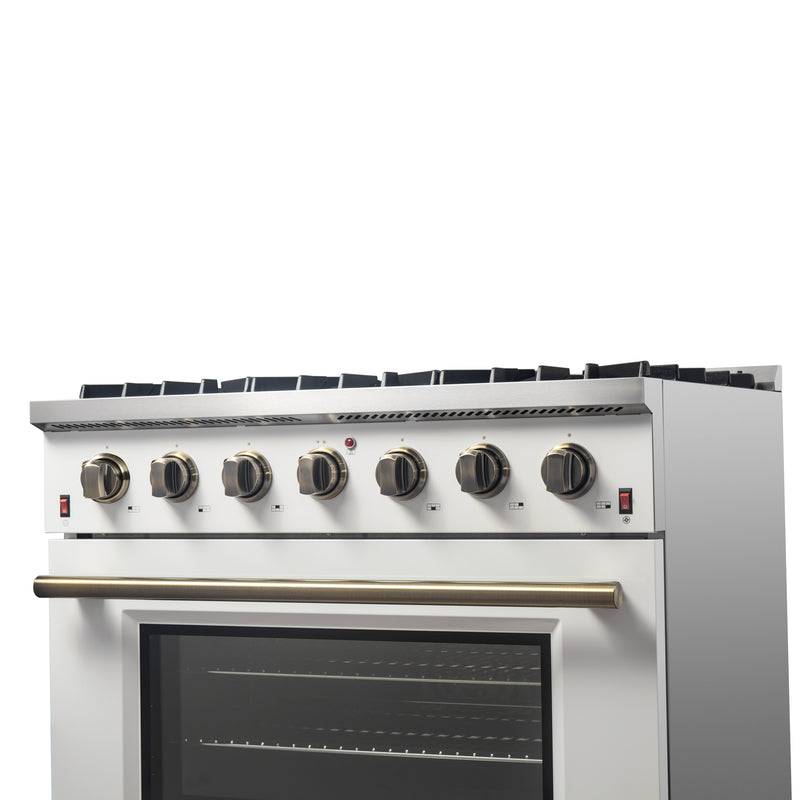 Load image into Gallery viewer, Forno Galiano 36-inch Freestanding Gas Range in White with Antique Brass Design, 6 Burners, 83,000 BTU, 5.36 cu.ft. Convection Oven
