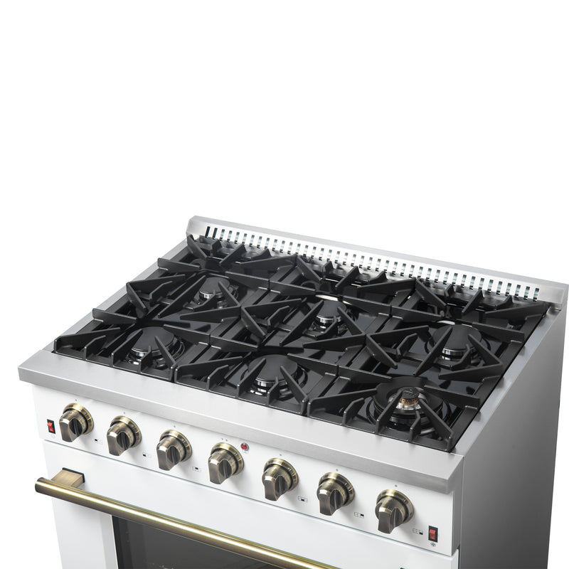 Load image into Gallery viewer, Forno Galiano 36-inch Freestanding Gas Range in White with Antique Brass Design, 6 Burners, 83,000 BTU, 5.36 cu.ft. Convection Oven
