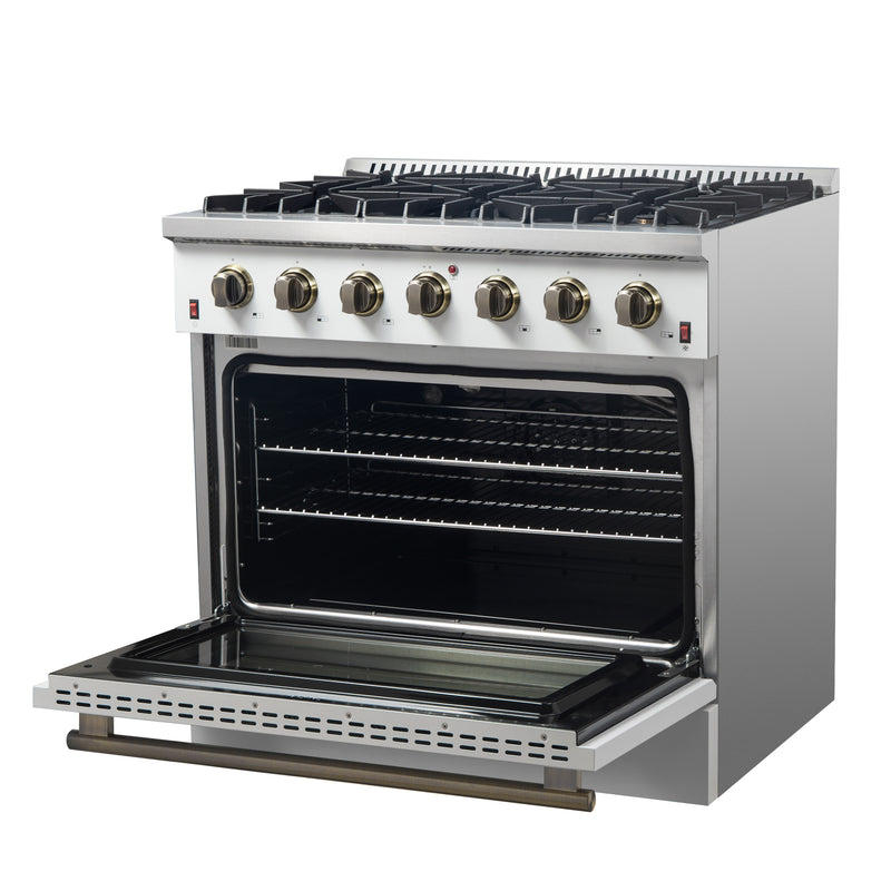 Load image into Gallery viewer, Forno Galiano 36-inch Freestanding Gas Range in White with Antique Brass Design, 6 Burners, 83,000 BTU, 5.36 cu.ft. Convection Oven
