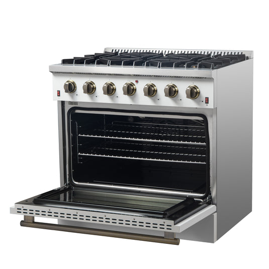 Forno Galiano 36-inch Freestanding Gas Range in White with Antique Brass Design, 6 Burners, 83,000 BTU, 5.36 cu.ft. Convection Oven
