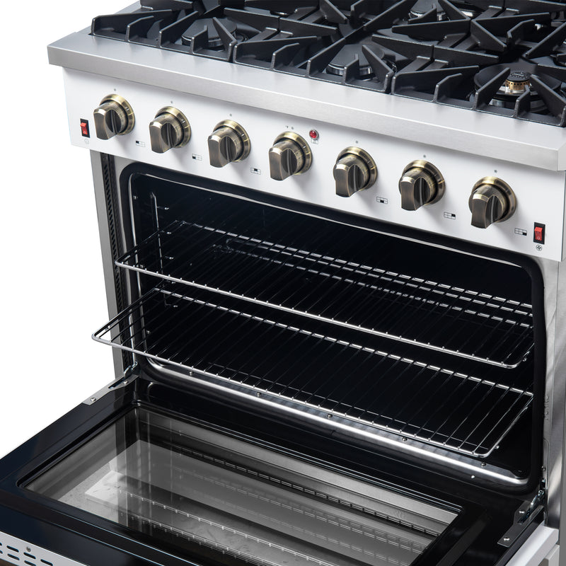 Load image into Gallery viewer, Forno Galiano 36-inch Freestanding Gas Range in White with Antique Brass Design, 6 Burners, 83,000 BTU, 5.36 cu.ft. Convection Oven
