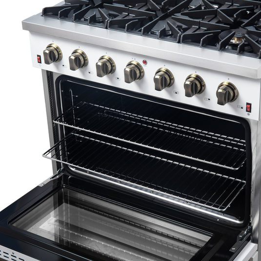 Forno Galiano 36-inch Freestanding Gas Range in White with Antique Brass Design, 6 Burners, 83,000 BTU, 5.36 cu.ft. Convection Oven