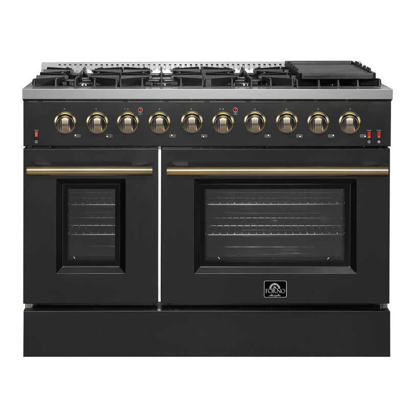 Load image into Gallery viewer, FORNO Galiano 48-inch Gas Range Black &amp; Antique Brass Design, 8 Burners, 107,000 BTU, Griddle, 6.58 cu.ft. Double Ovens
