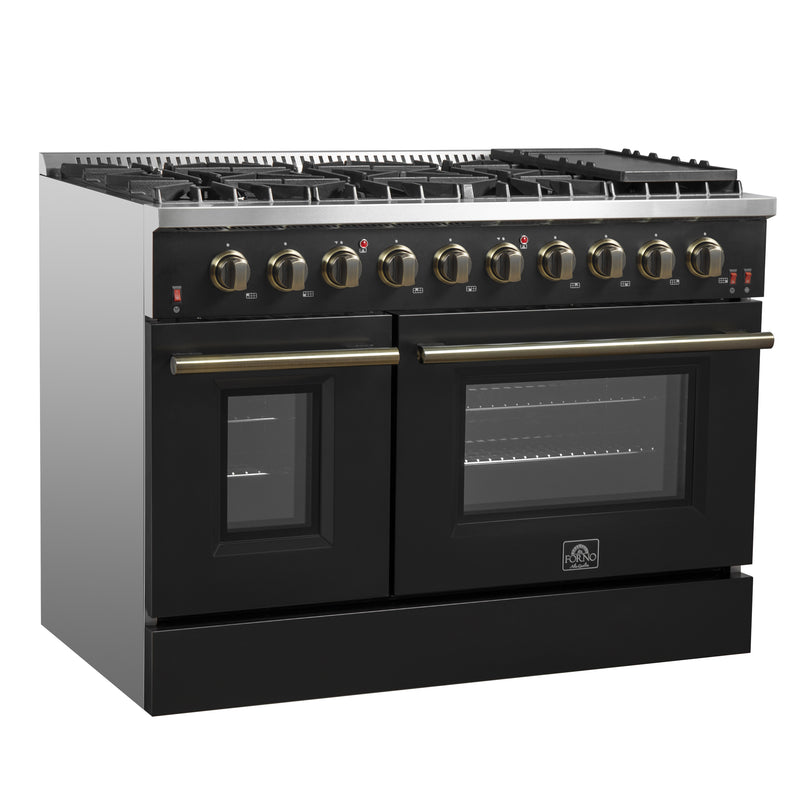 Load image into Gallery viewer, FORNO Galiano 48-inch Gas Range Black &amp; Antique Brass Design, 8 Burners, 107,000 BTU, Griddle, 6.58 cu.ft. Double Ovens
