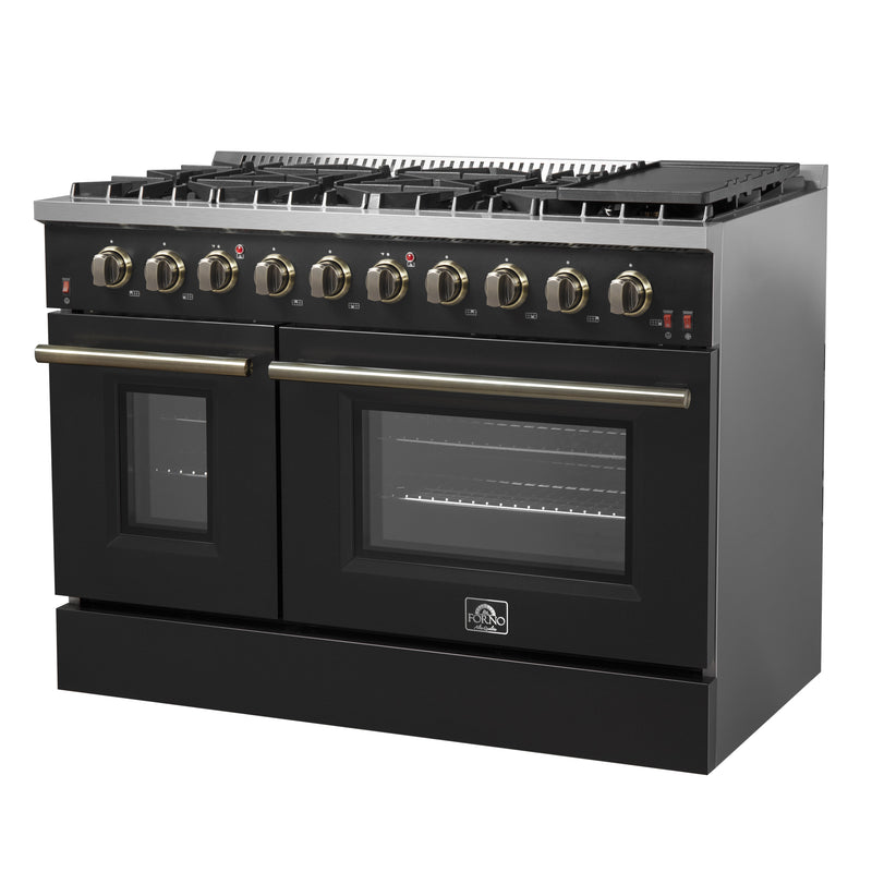 Load image into Gallery viewer, FORNO Galiano 48-inch Gas Range Black &amp; Antique Brass Design, 8 Burners, 107,000 BTU, Griddle, 6.58 cu.ft. Double Ovens

