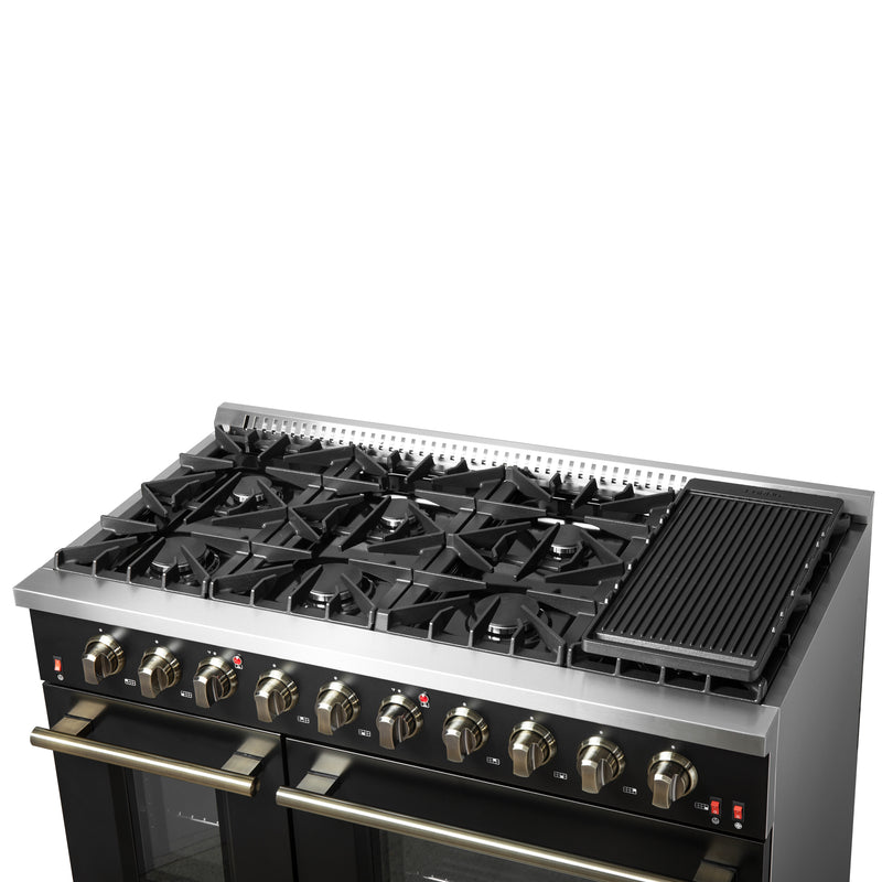 Load image into Gallery viewer, FORNO Galiano 48-inch Gas Range Black &amp; Antique Brass Design, 8 Burners, 107,000 BTU, Griddle, 6.58 cu.ft. Double Ovens

