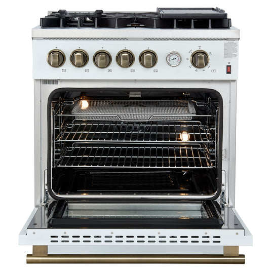 Giovanni 30-inch Gas Range White & Antique Brass Design, 5 Burners 67,000 BTU, 4.32 cu.ft. Convection Oven
