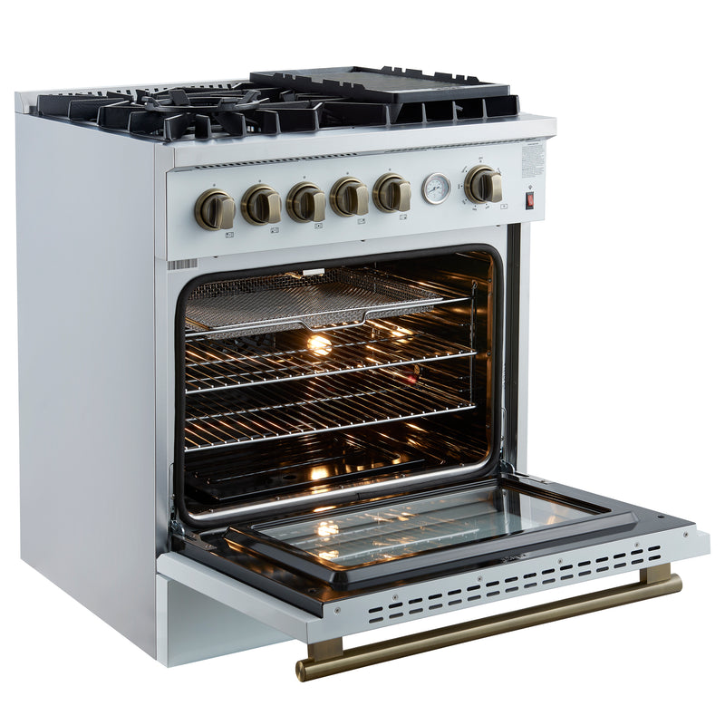 Load image into Gallery viewer, Giovanni 30-inch Gas Range White &amp; Antique Brass Design, 5 Burners 67,000 BTU, 4.32 cu.ft. Convection Oven
