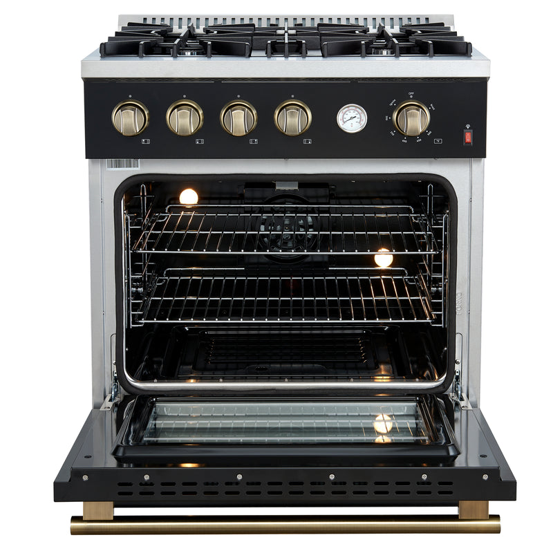 Load image into Gallery viewer, Marco 30-inch Gas Range Black &amp; Antique Brass Design, 4 Burners 37,000 BTU, 4.32 cu.ft. Convection Oven
