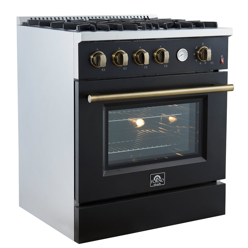 Load image into Gallery viewer, Marco 30-inch Gas Range Black &amp; Antique Brass Design, 4 Burners 37,000 BTU, 4.32 cu.ft. Convection Oven

