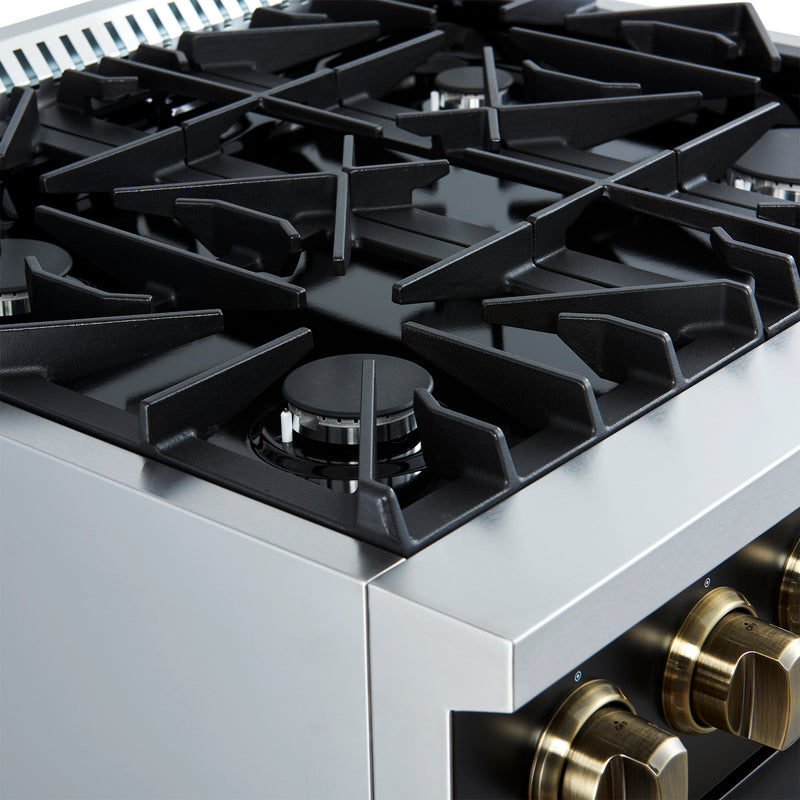 Load image into Gallery viewer, Marco 30-inch Gas Range Black &amp; Antique Brass Design, 4 Burners 37,000 BTU, 4.32 cu.ft. Convection Oven
