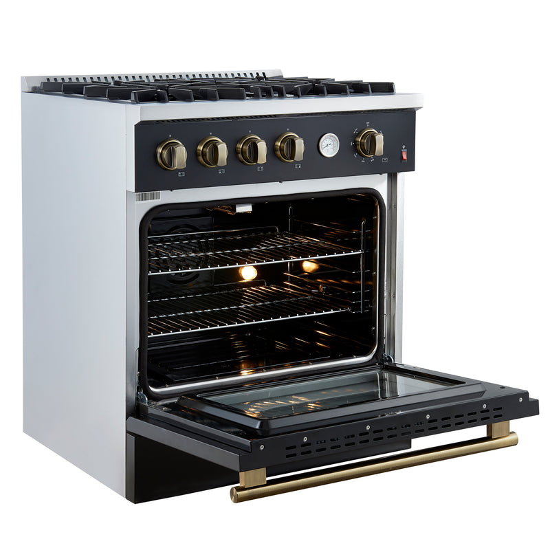 Load image into Gallery viewer, Marco 30-inch Gas Range Black &amp; Antique Brass Design, 4 Burners 37,000 BTU, 4.32 cu.ft. Convection Oven
