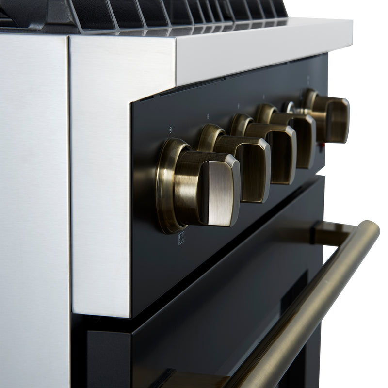 Load image into Gallery viewer, Marco 30-inch Gas Range Black &amp; Antique Brass Design, 4 Burners 37,000 BTU, 4.32 cu.ft. Convection Oven
