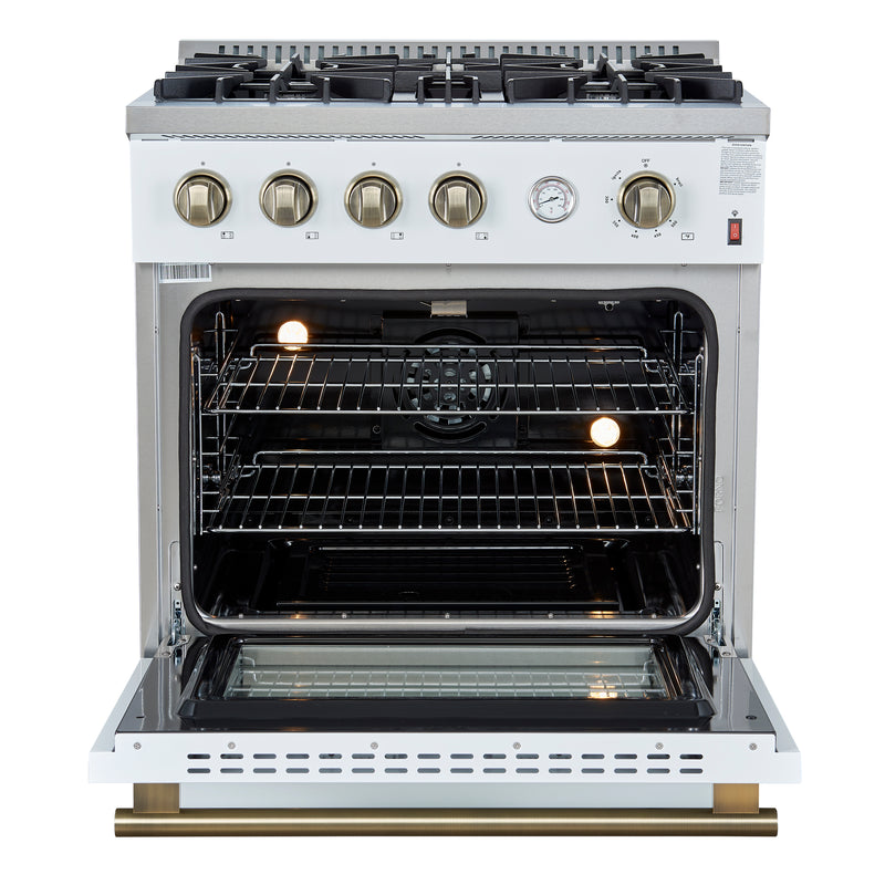 Load image into Gallery viewer, Marco 30-inch Gas Range White &amp; Antique Brass Design, 4 Burners 37,000 BTU, 4.32 cu.ft. Convection Oven

