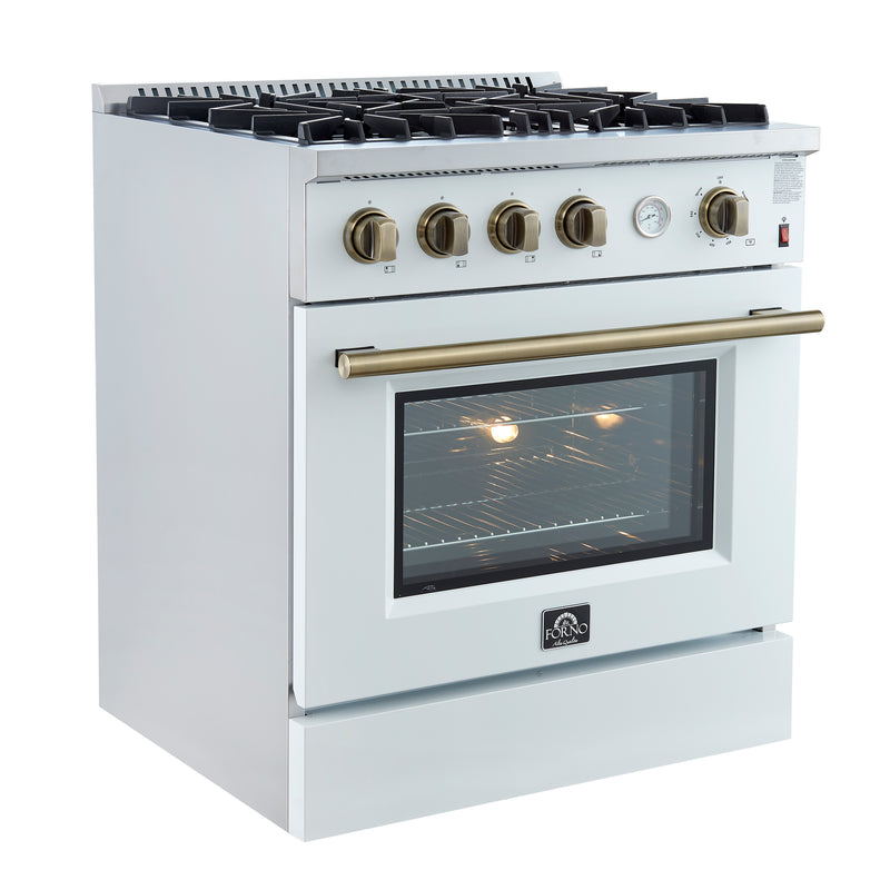 Load image into Gallery viewer, Marco 30-inch Gas Range White &amp; Antique Brass Design, 4 Burners 37,000 BTU, 4.32 cu.ft. Convection Oven
