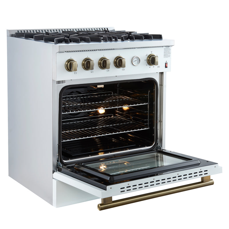 Load image into Gallery viewer, Marco 30-inch Gas Range White &amp; Antique Brass Design, 4 Burners 37,000 BTU, 4.32 cu.ft. Convection Oven
