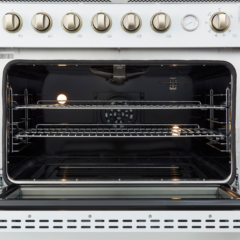 Load image into Gallery viewer, Marco 36-Inch Gas Range White &amp; Antique Brass Design, 6 Burners 67,000 BTU, 5.36 cu.ft. Convection Oven
