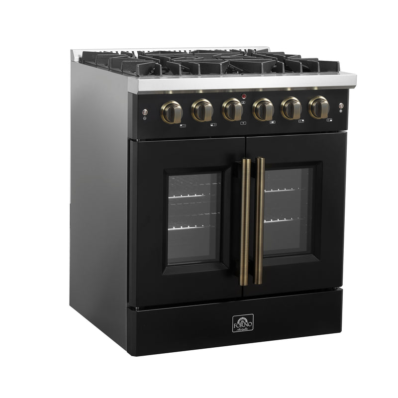 Load image into Gallery viewer, Forno Galiano 30-inch French Door Gas Range Black and Antique Brass Design, 5 Sealed Burners 68,000 BTU,  4.32 cu.ft. Convection Oven
